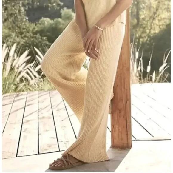 Free People Beach Oatmeal Yellow Ribbed Knit Sweater Wide Leg Pant Tank Set  XS - Picture 2 of 12